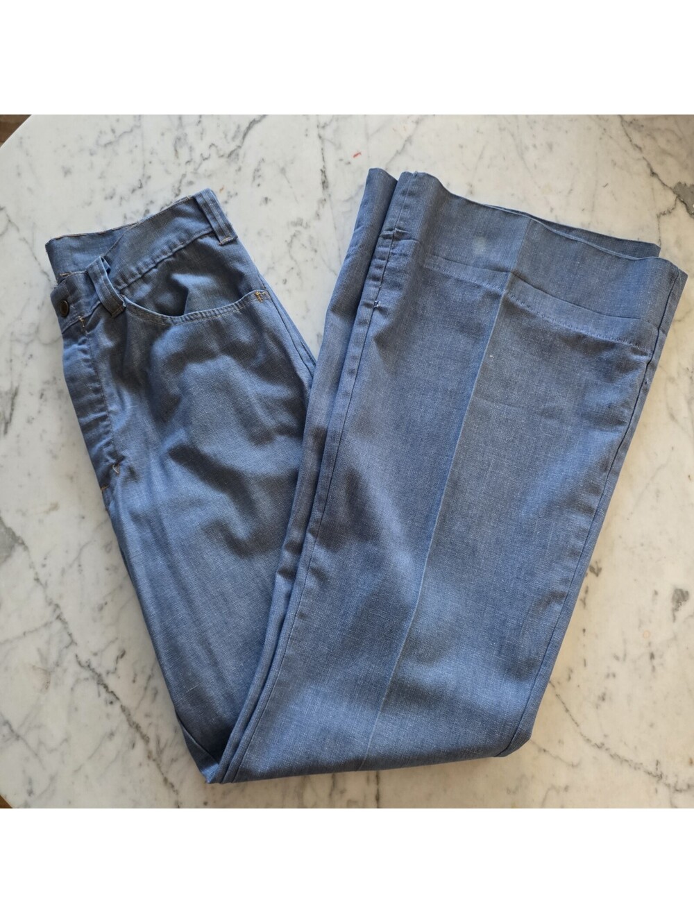 Vintage 70s Ranchcraft Penn-Prest 12" Bell Bottom Pants Blue Chambray 28x34 USA